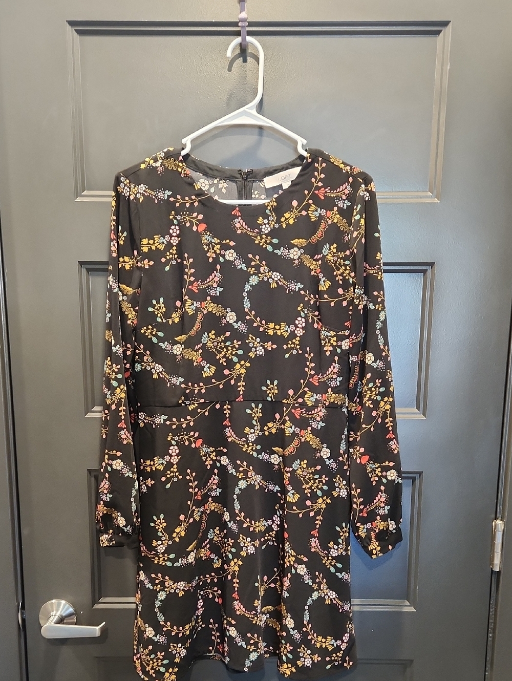 LOFT Black Long-Sleeve Floral A-Line Dress